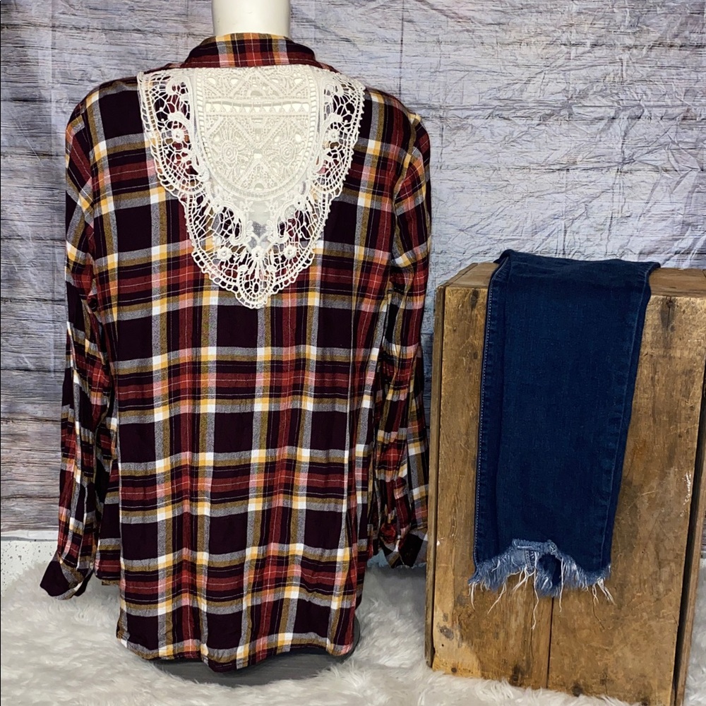 Krazy Kat Plaid Top With Crochet Lace Design